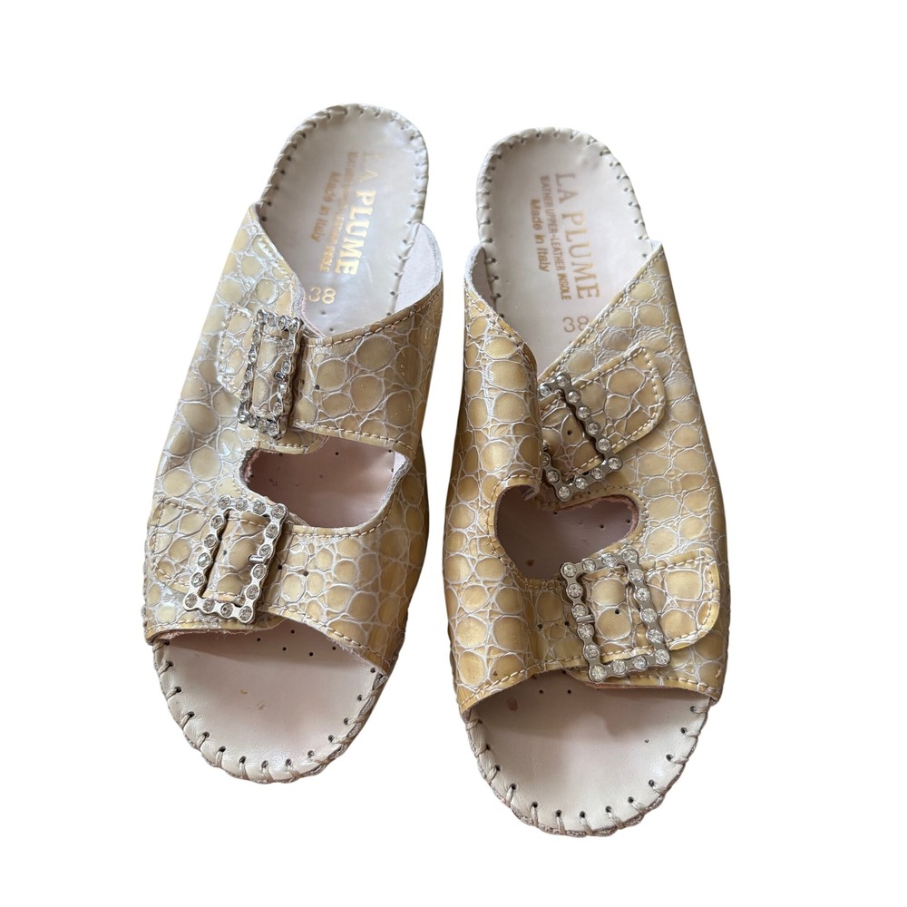 La Plume Italian Leather Crocodile Embossed Rhinestone Buckle Slide Sandals 38